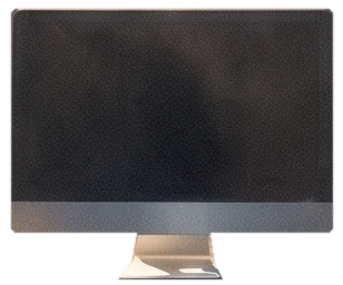 A 27-inch iMac alone on a dark stage under one spotlight, its screen switched off.